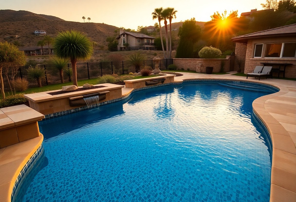 Resort-style gunite swimming pool with stone coping and waterline tile at dusk